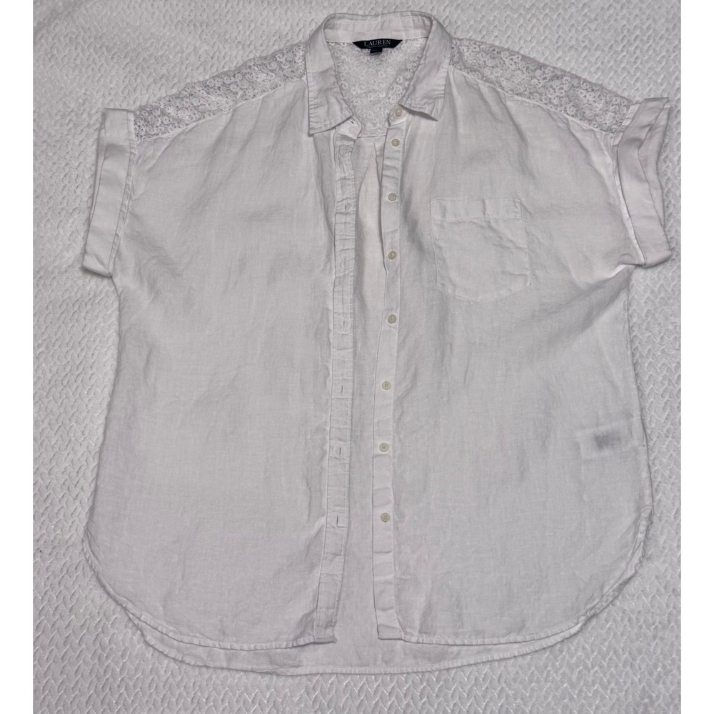 Lauren Ralph Lauren Womens Top White XL Linen Button Up Crochet Short Sleeve